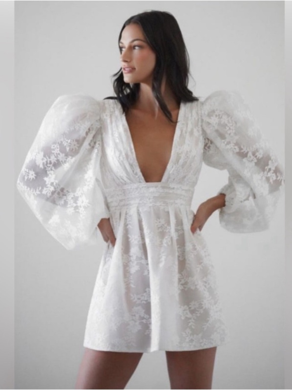 Deep V-Neck White Lace Mini Dress with Statement Puff Sleeves